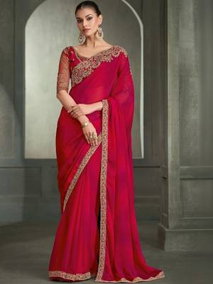 Red floral embroidered poly chiffon designer saree 1
