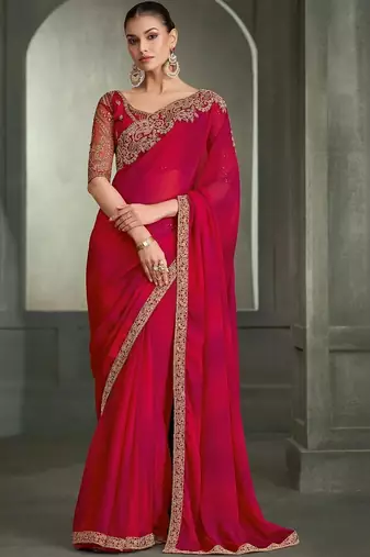Red floral embroidered poly chiffon designer saree