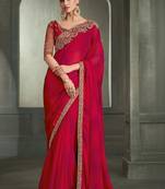 Red floral embroidered poly chiffon designer saree