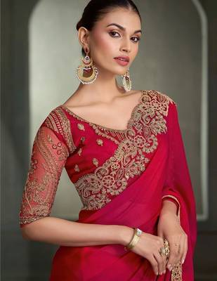 Red floral embroidered poly chiffon designer saree 2