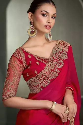Red floral embroidered poly chiffon designer saree