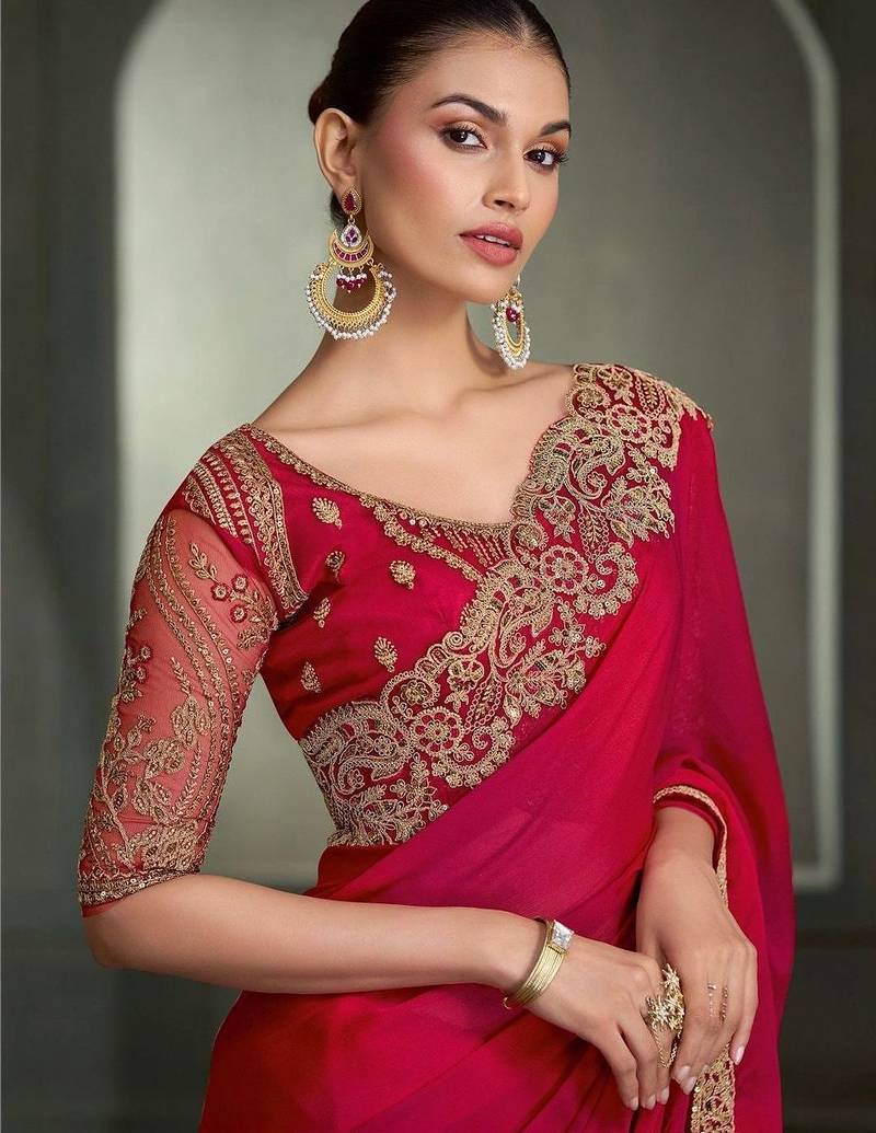 Red floral embroidered poly chiffon designer saree