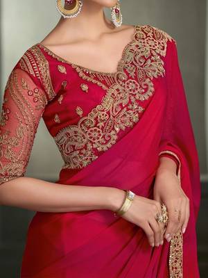 Red floral embroidered poly chiffon designer saree 3