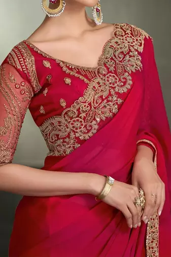Red floral embroidered poly chiffon designer saree