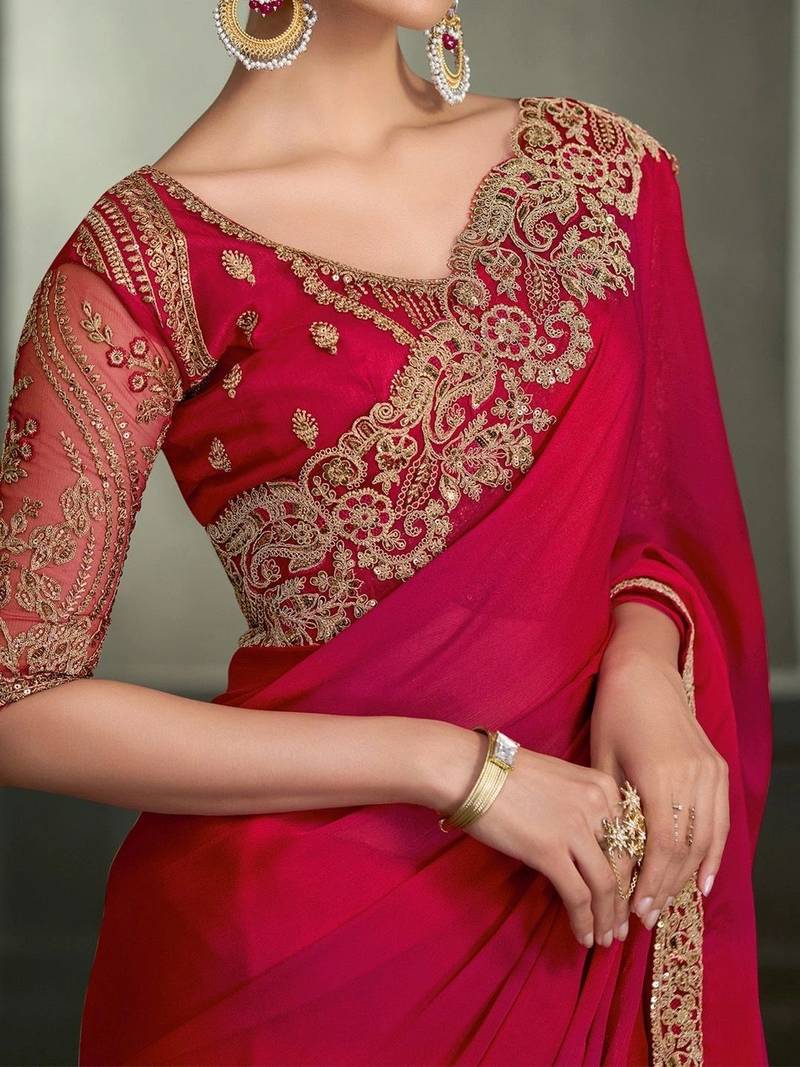 Red floral embroidered poly chiffon designer saree