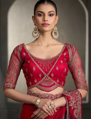 Red floral embroidered poly chiffon designer saree 4