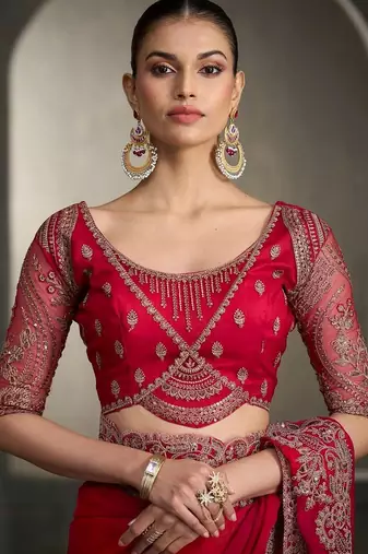 Red floral embroidered poly chiffon designer saree
