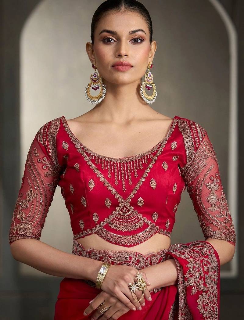 Red floral embroidered poly chiffon designer saree