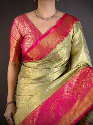 light_lime woven design zari silk blend designer kanjeevaram saree 3