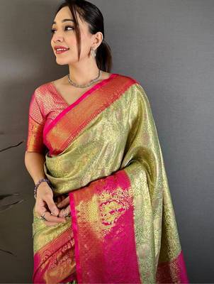 light_lime woven design zari silk blend designer kanjeevaram saree 4