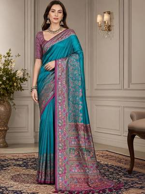teal woven design zari silk blend handloom block print saree 1