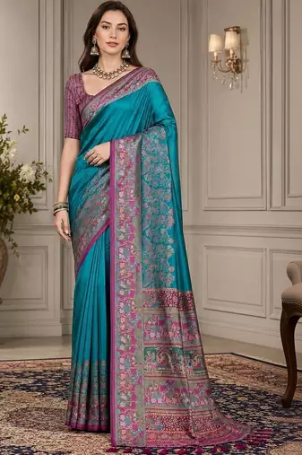 teal woven design zari silk blend handloom block print saree