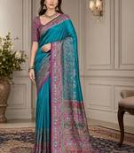 teal woven design zari silk blend handloom block print saree