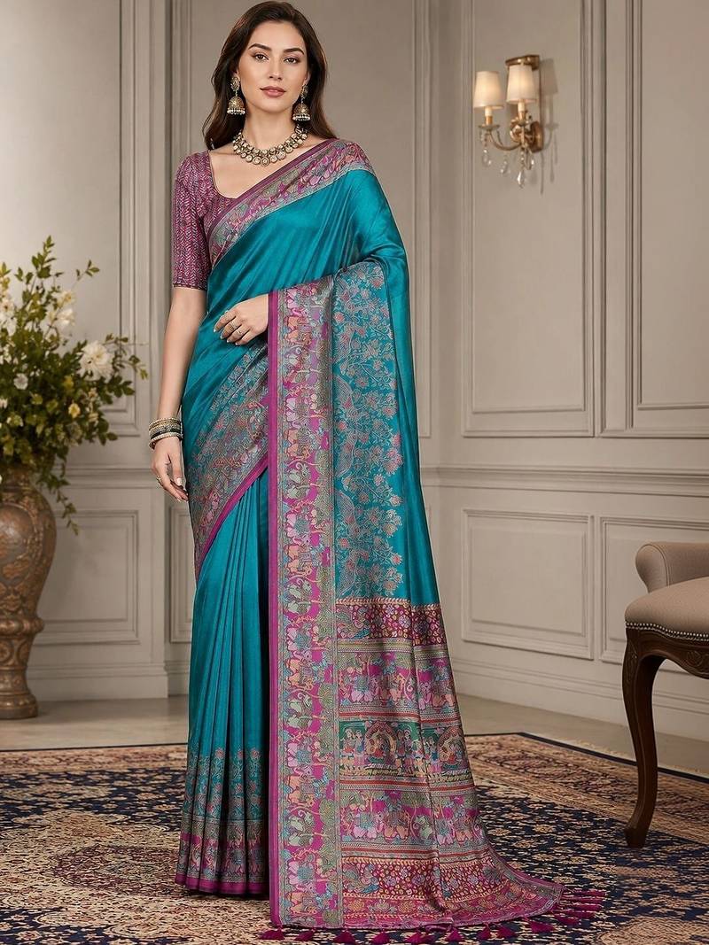 teal woven design zari silk blend handloom block print saree