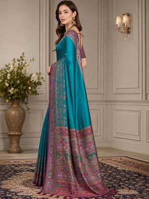 teal woven design zari silk blend handloom block print saree 2