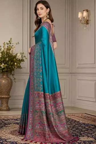 teal woven design zari silk blend handloom block print saree