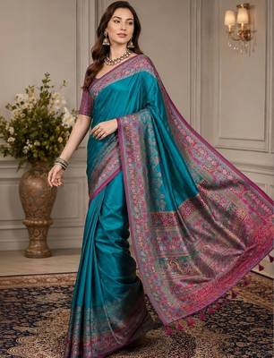 teal woven design zari silk blend handloom block print saree 3