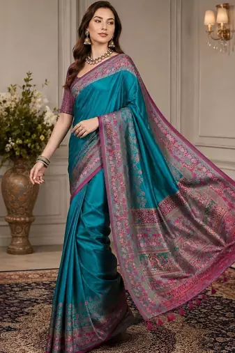 teal woven design zari silk blend handloom block print saree