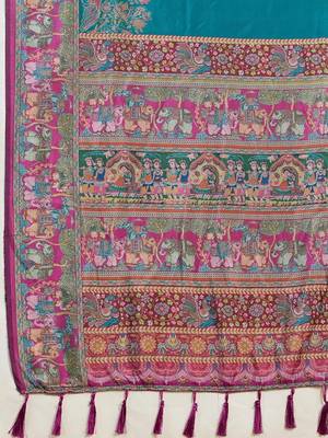 teal woven design zari silk blend handloom block print saree 4