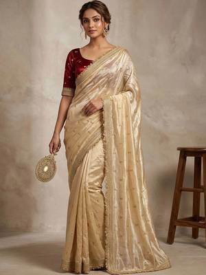 Gold floral embroidered pure chiffon tussar saree 1