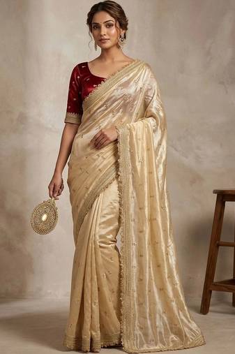 Gold floral embroidered pure chiffon tussar saree