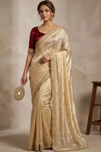 Gold floral embroidered pure chiffon tussar saree