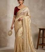 Gold floral embroidered pure chiffon tussar saree