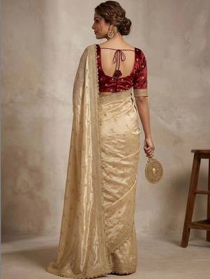 Gold floral embroidered pure chiffon tussar saree 2