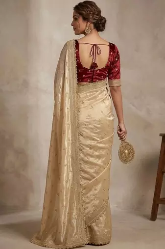 Gold floral embroidered pure chiffon tussar saree