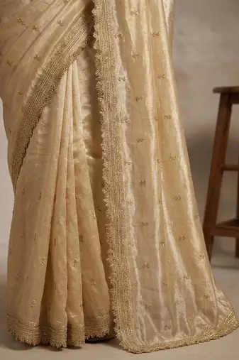 Gold floral embroidered pure chiffon tussar saree