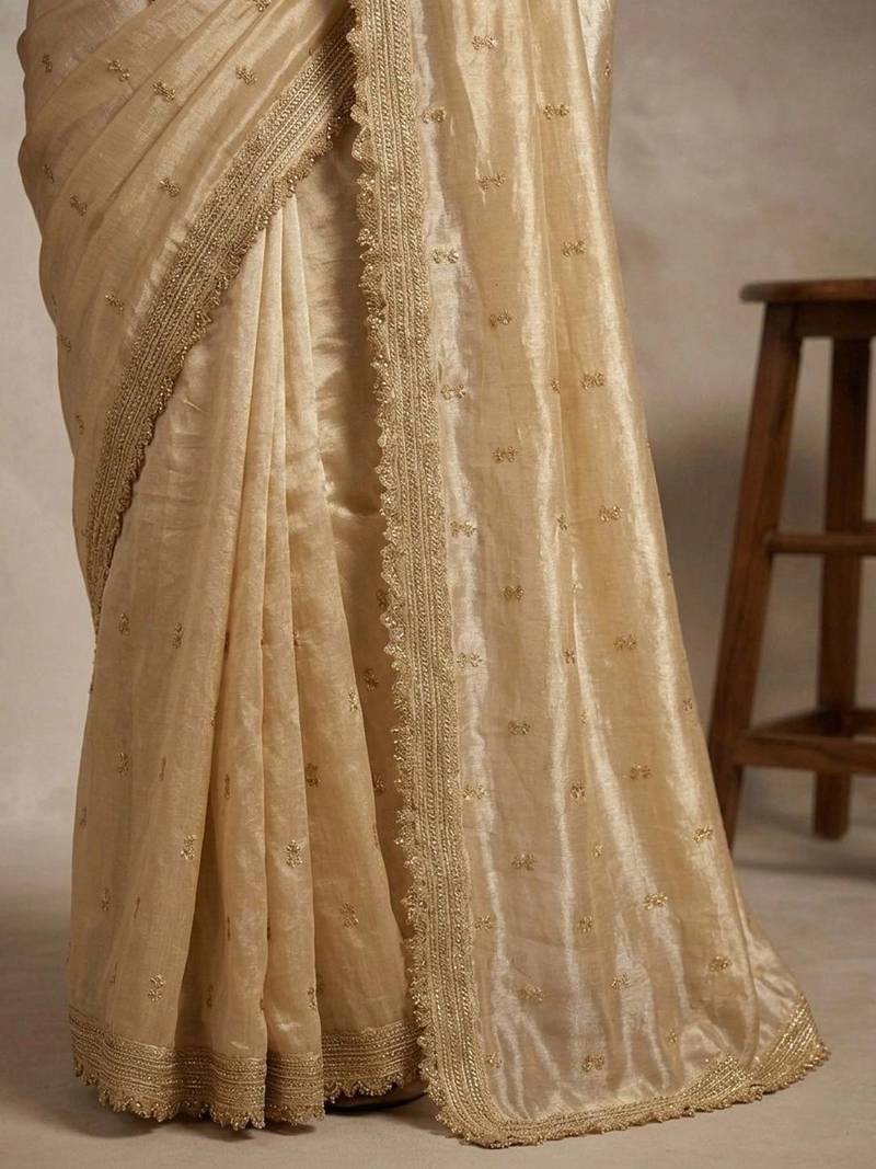 Gold floral embroidered pure chiffon tussar saree