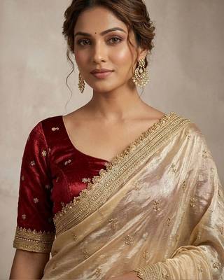 Gold floral embroidered pure chiffon tussar saree 4