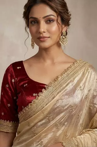 Gold floral embroidered pure chiffon tussar saree