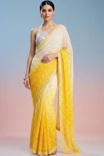 yellow embroidered work georgette unstitched blouse piece & sarees
