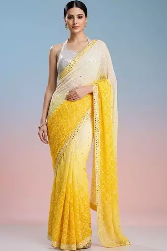 yellow embroidered work georgette unstitched blouse piece & sarees