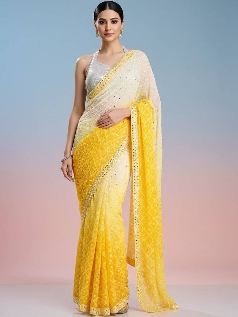 yellow embroidered work georgette unstitched blouse piece & sarees