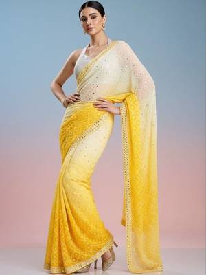 yellow embroidered work georgette unstitched blouse piece & sarees 2