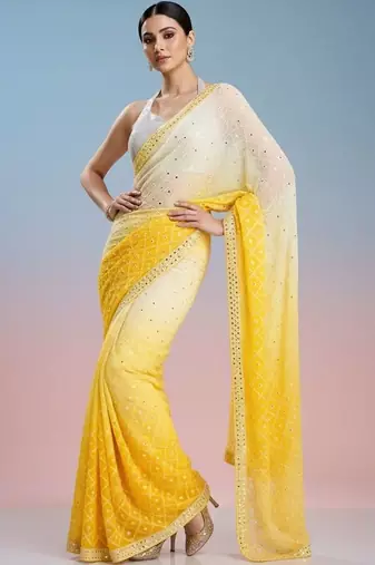 yellow embroidered work georgette unstitched blouse piece & sarees