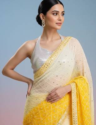 yellow embroidered work georgette unstitched blouse piece & sarees 3