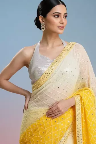 yellow embroidered work georgette unstitched blouse piece & sarees