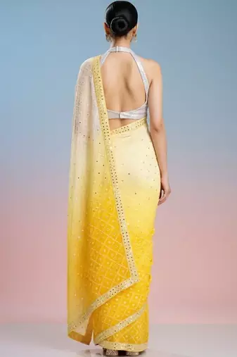 yellow embroidered work georgette unstitched blouse piece & sarees
