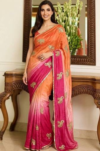 multicolor ethnic motifs embroidered satin saree