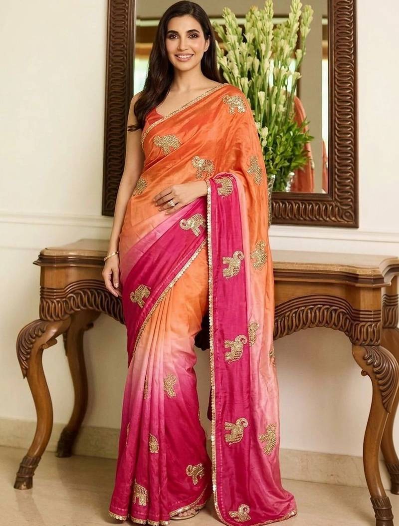 multicolor ethnic motifs embroidered satin saree