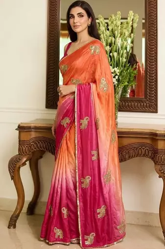 multicolor ethnic motifs embroidered satin saree