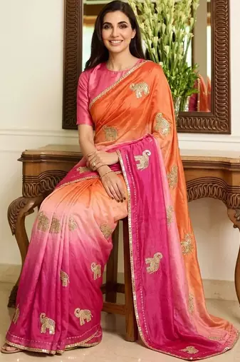 multicolor ethnic motifs embroidered satin saree
