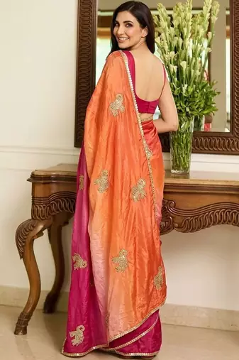 multicolor ethnic motifs embroidered satin saree