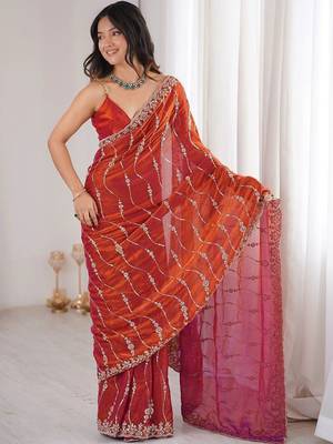 Orange embellished embroidered satin designer saree 1