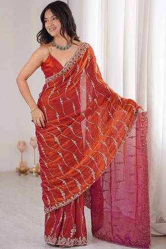 Orange embellished embroidered satin designer saree
