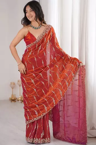 Orange embellished embroidered satin designer saree