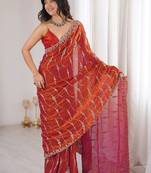 Orange embellished embroidered satin designer saree